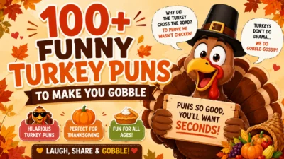 Colorful 1920×1080 Thanksgiving banner featuring 100+ funny turkey puns, a cheerful cartoon turkey wearing a Pilgrim hat, autumn leaves, pumpkins, pie, harvest decorations, and playful joke speech bubbles.