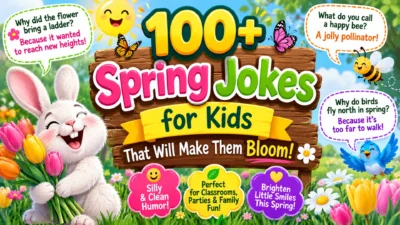 Colorful spring banner featuring 100+ funny jokes for kids, with a cheerful bunny, smiling bee, butterflies, flowers, sunshine, and playful joke speech bubbles in a bright meadow.