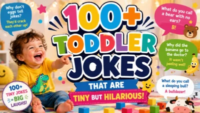 100+ funny toddler jokes graphic featuring a laughing toddler, colorful cartoon characters, toys, and playful joke speech bubbles.