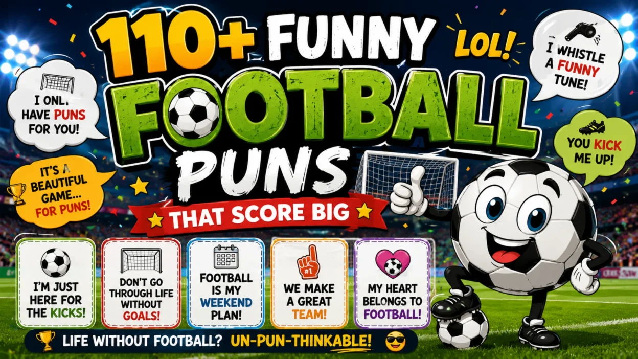 Funny football puns with soccer ball, goal net, and playful sports humor.