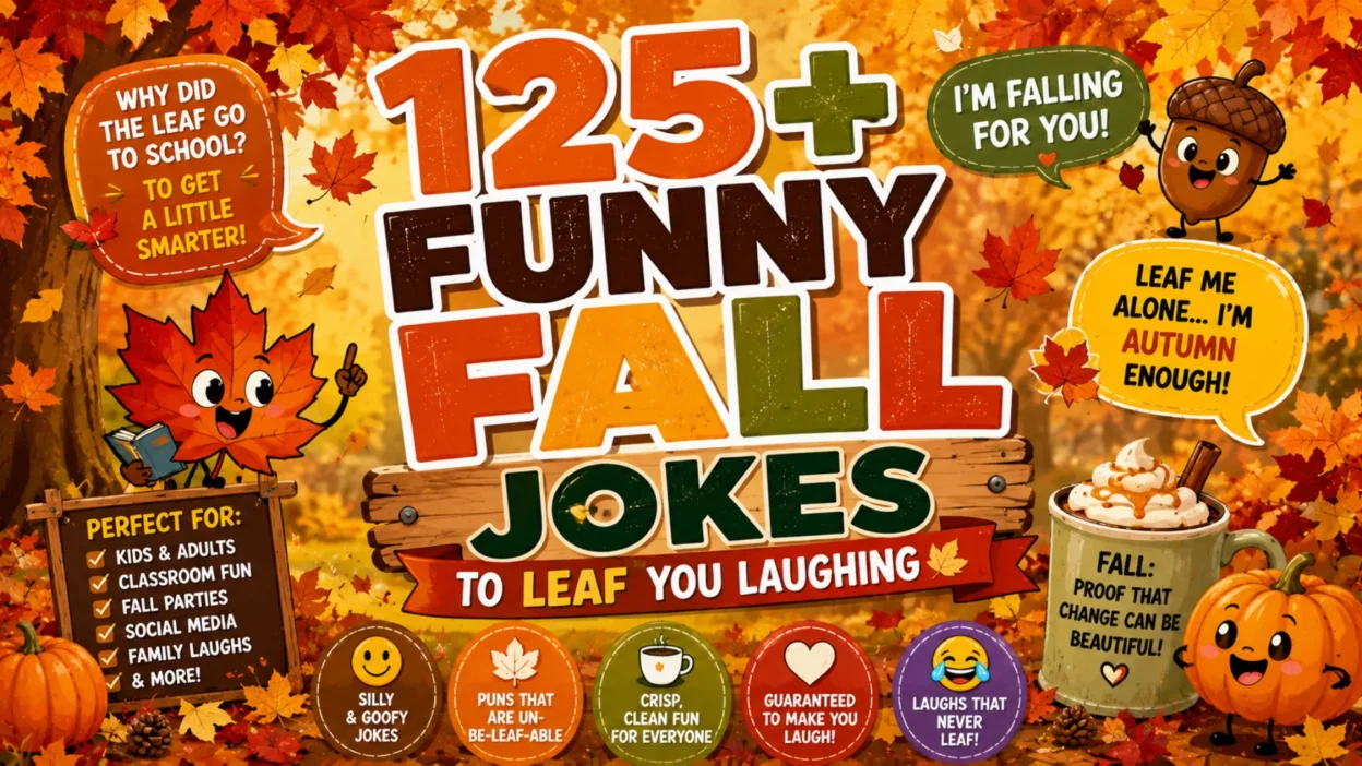Colorful 1920×1080 autumn banner featuring 125+ funny fall jokes, cartoon maple leaves, pumpkins, acorns, a cozy fall drink, colorful speech bubbles, and playful seasonal decorations.