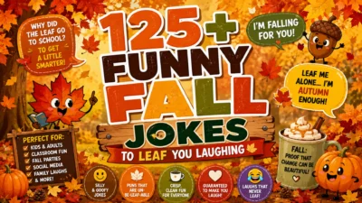 Colorful 1920×1080 autumn banner featuring 125+ funny fall jokes, cartoon maple leaves, pumpkins, acorns, a cozy fall drink, colorful speech bubbles, and playful seasonal decorations.