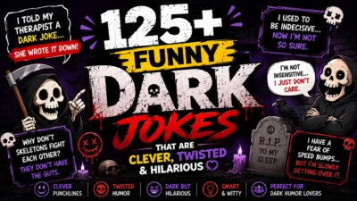 Spooky cartoon graphic featuring grim reapers, skeletons, skulls, tombstones, bats, and bold text for 125+ funny dark jokes.