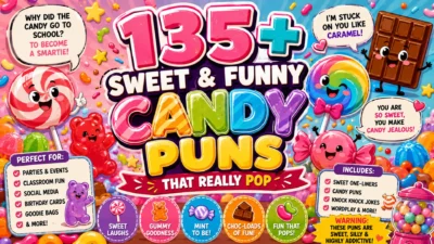 Colorful 1920×1080 candy-themed banner featuring 135+ sweet and funny candy puns, cartoon lollipops, gummy bears, chocolate, wrapped candies, speech bubbles, sprinkles, and playful typography.