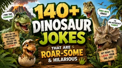 Colorful dinosaur-themed banner featuring a smiling T-Rex, Triceratops, baby dinosaur, volcano, jungle, and bold text for 140+ funny dinosaur jokes.