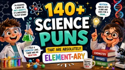 Colorful science-themed illustration featuring two cheerful young scientists, a microscope, test tubes, DNA helix, atom model, and bold text reading "140+ Science Puns That Are Absolutely Element-ary."
