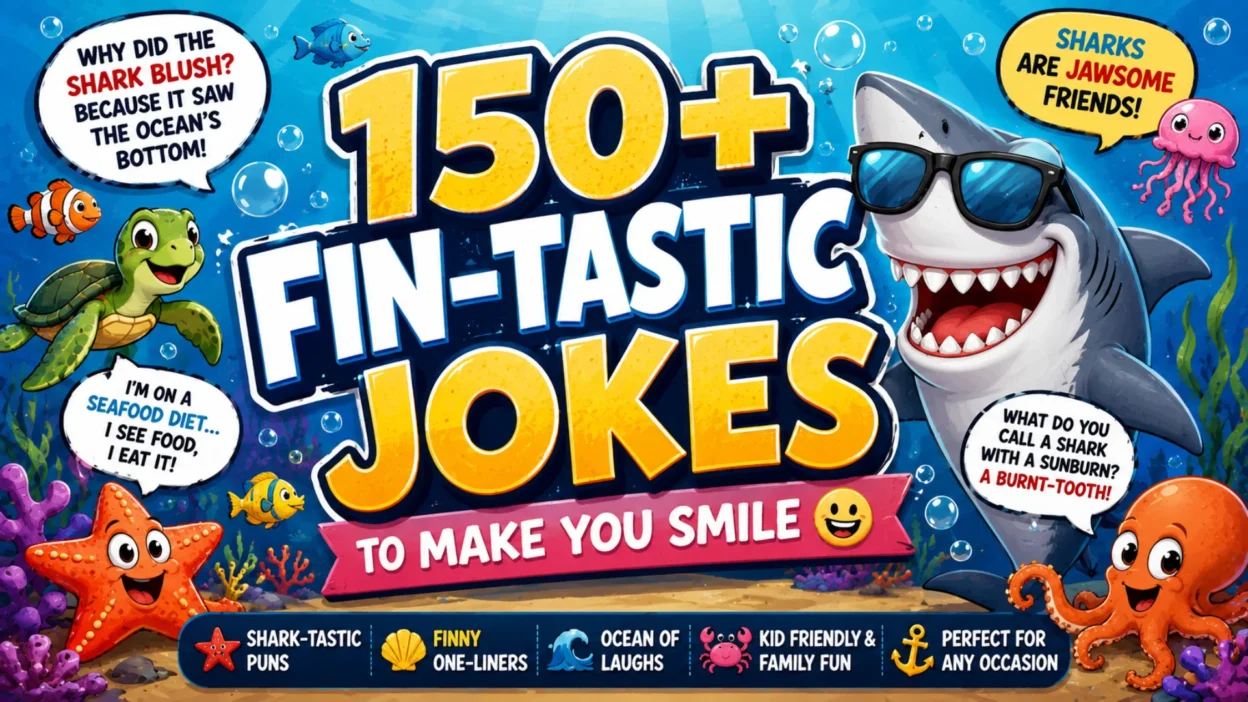 Colorful underwater cartoon graphic featuring a smiling shark, sea turtle, starfish, octopus, fish, coral, and funny fin-tastic jokes.
