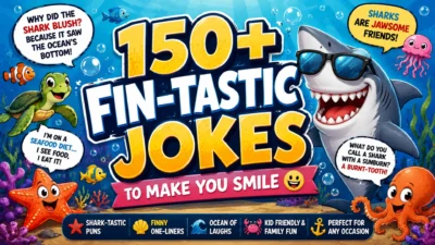 Colorful underwater cartoon graphic featuring a smiling shark, sea turtle, starfish, octopus, fish, coral, and funny fin-tastic jokes.