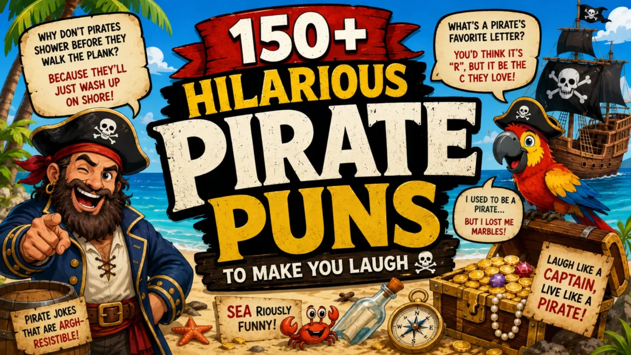 Funny pirate puns illustration featuring a cheerful pirate, colorful parrot, treasure chest, pirate ships, and joke signs