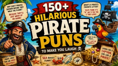 Funny pirate puns illustration featuring a cheerful pirate, colorful parrot, treasure chest, pirate ships, and joke signs