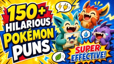 Funny Pokémon-inspired pun graphic featuring colorful creature characters, playful expressions, and a “super effective” comedy theme