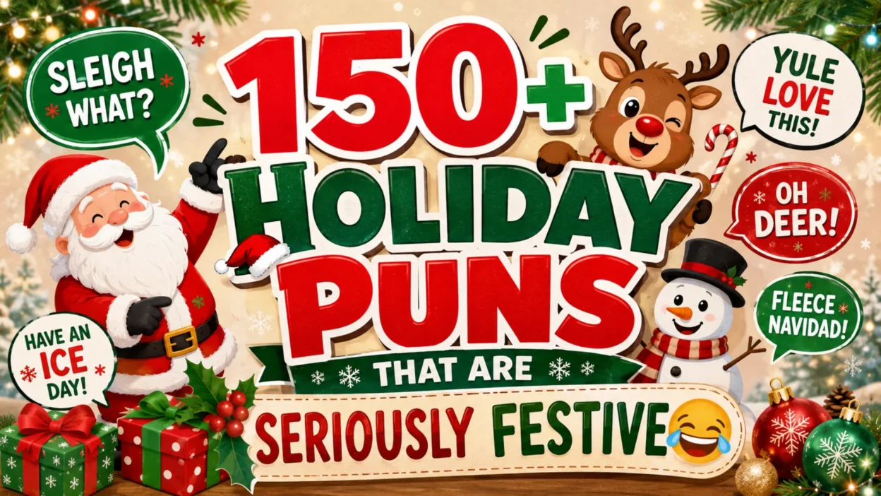 Colorful holiday puns graphic featuring Santa, a cheerful reindeer, snowman, gifts, ornaments, and festive speech bubbles.