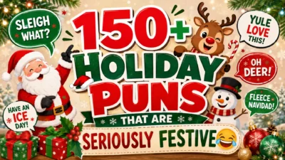 Colorful holiday puns graphic featuring Santa, a cheerful reindeer, snowman, gifts, ornaments, and festive speech bubbles.