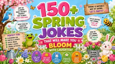 Colorful 1920×1080 spring jokes banner featuring 150+ funny spring jokes, blooming flowers, butterflies, a cheerful bluebird, frog, bee, bunny, tulips, and playful joke speech bubbles.