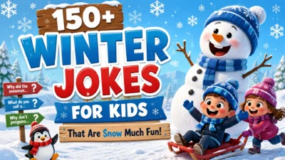 Happy snowman, cheerful kids on a sled, and a cute penguin in a snowy winter wonderland with the title "150+ Winter Jokes for Kids That Are Snow Much Fun!" in bright, playful lettering.