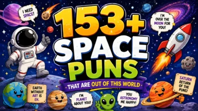 A colorful space-themed banner featuring an astronaut, planets, rocket, alien, stars, and bold text promoting 153+ funny space puns.