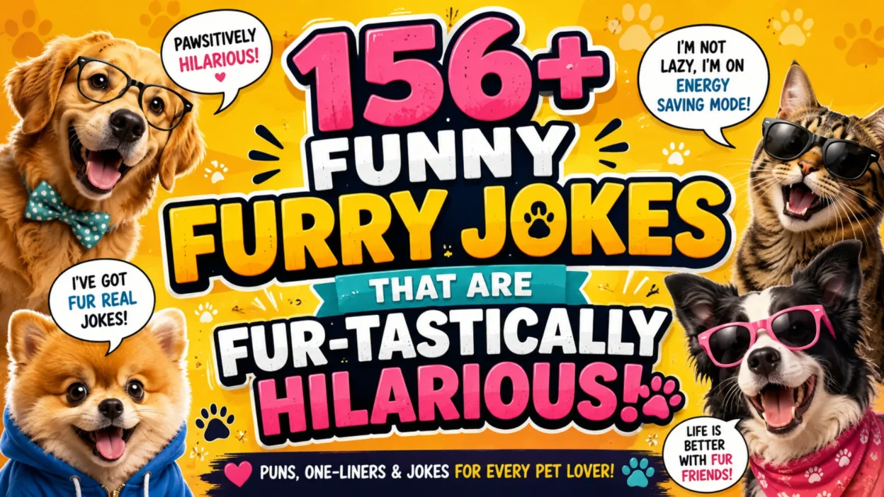 Cute cartoon dogs and cats wearing funny accessories around the title “156+ Funny Furry Jokes That Are Fur-tastically Hilarious” on a colorful 1920×1080 banner for pet humor.
