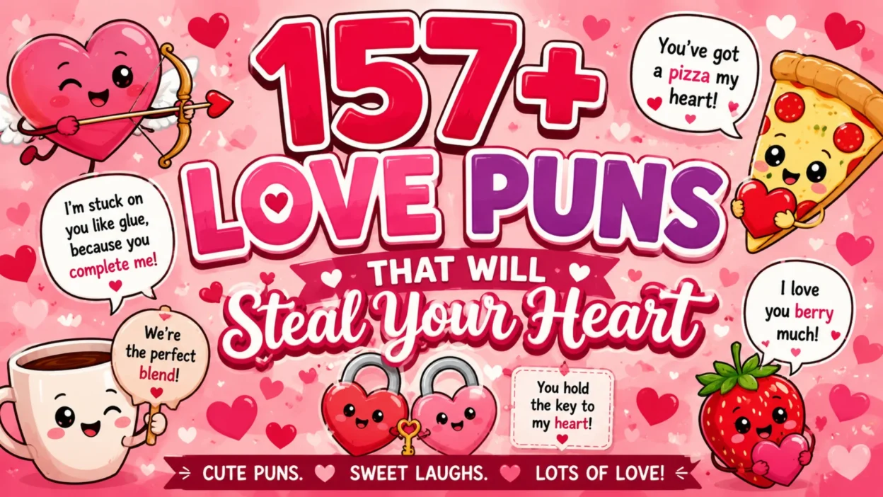 Colorful Valentine's banner featuring cute cartoon hearts, pizza, coffee, strawberry, and romantic love puns with the title "157+ Love Puns That Will Steal Your Heart."