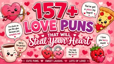 Colorful Valentine's banner featuring cute cartoon hearts, pizza, coffee, strawberry, and romantic love puns with the title "157+ Love Puns That Will Steal Your Heart."