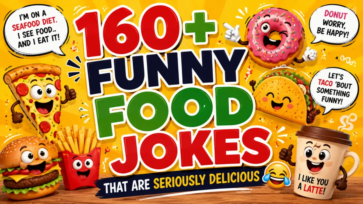 A colorful cartoon-style illustration featuring smiling pizza, burger, fries, taco, donut, and coffee characters with bold text reading "160+ Funny Food Jokes That Are Seriously Delicious."