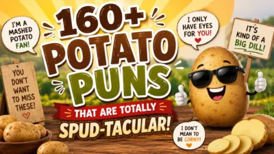 160+ potato puns with a funny sunglasses-wearing potato mascot and playful spud-tacular signs