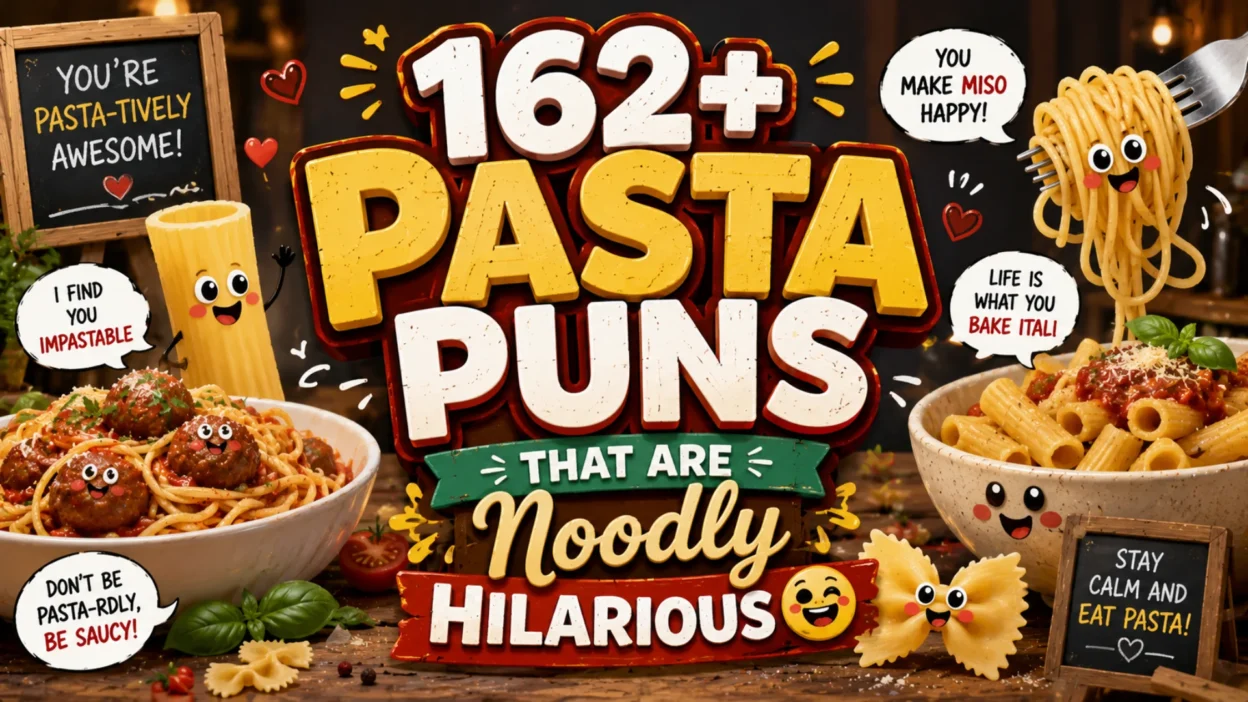 A colorful pasta-themed banner featuring spaghetti, meatballs, noodles, pasta bowls, and playful typography promoting 162+ funny pasta puns.