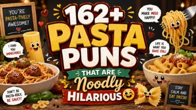 A colorful pasta-themed banner featuring spaghetti, meatballs, noodles, pasta bowls, and playful typography promoting 162+ funny pasta puns.