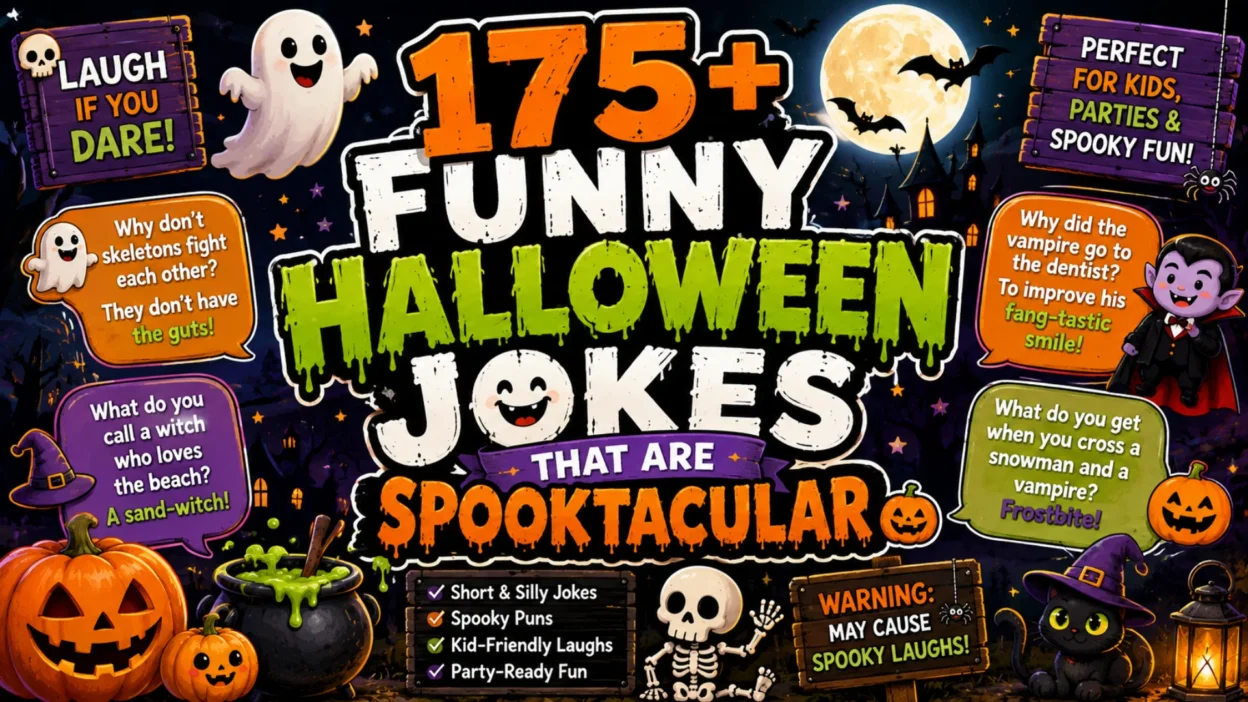 Colorful Halloween poster featuring 175+ funny Halloween jokes, smiling ghosts, pumpkins, a vampire, skeleton, witch, black cat, and spooky haunted scenery.
