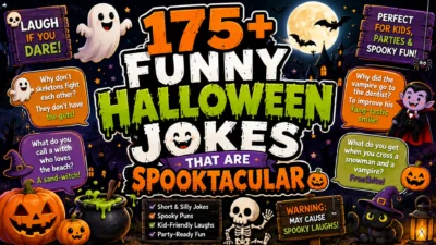 Colorful Halloween poster featuring 175+ funny Halloween jokes, smiling ghosts, pumpkins, a vampire, skeleton, witch, black cat, and spooky haunted scenery.