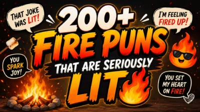 200+ funny fire puns graphic featuring bright flames, sparks, a campfire, marshmallow, and playful fire-themed humor.