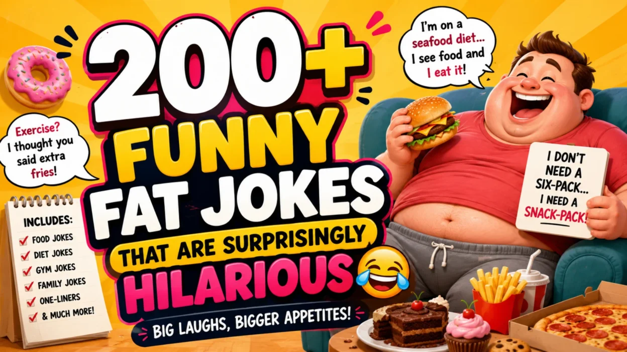 200+ funny fat jokes featuring playful food humor, a laughing character, pizza, burgers, fries, donuts, and humorous captions.