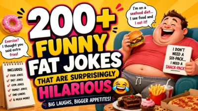 200+ funny fat jokes featuring playful food humor, a laughing character, pizza, burgers, fries, donuts, and humorous captions.