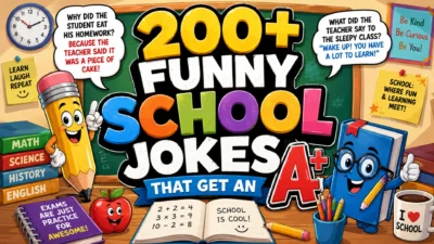 Colorful school-themed banner featuring a smiling pencil, books, apple, classroom supplies, chalkboard, and bold text for 200+ funny school jokes.