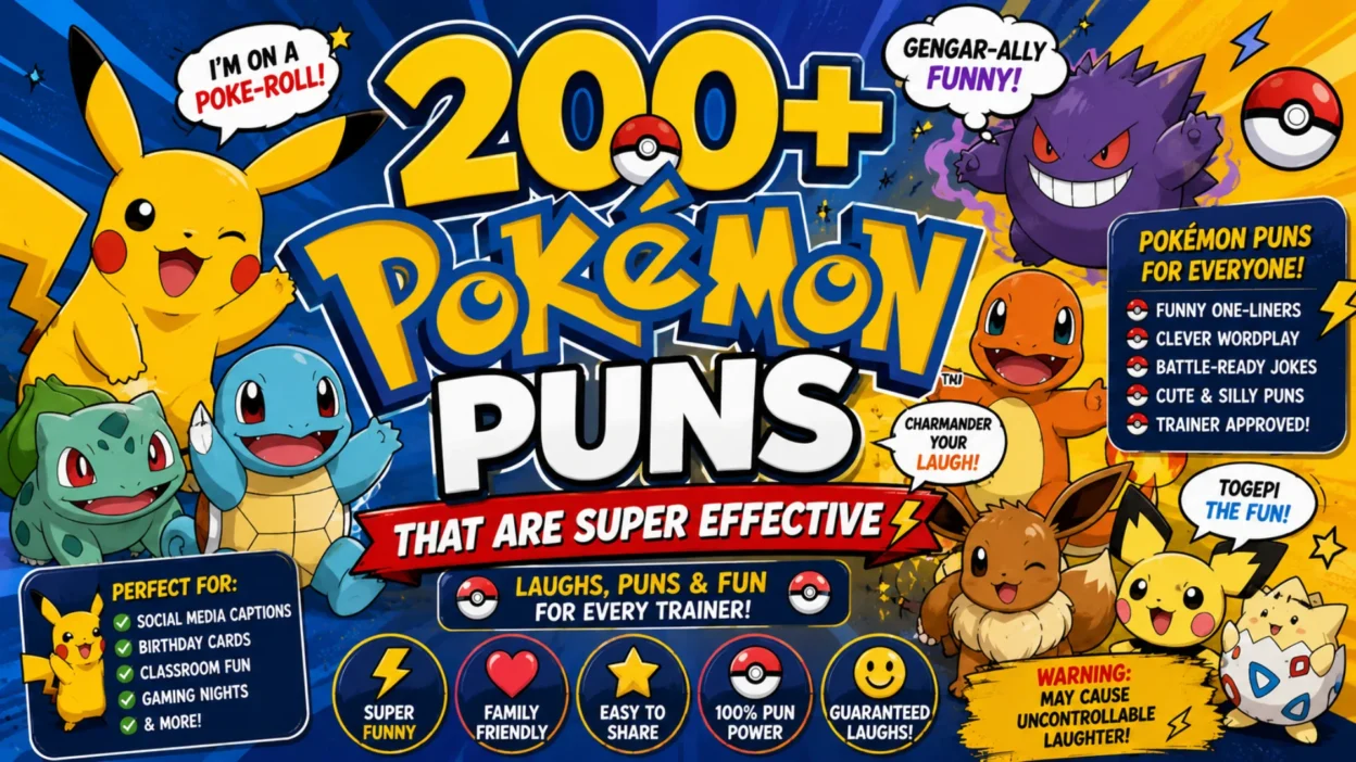 1920×1080 Pokémon-themed comedy banner featuring Pikachu, Gengar, Charmander, Squirtle, Bulbasaur, Eevee, Pichu, Togepi, Poké Balls, lightning effects, and bold “200+ Pokémon Puns” text.