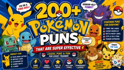 1920×1080 Pokémon-themed comedy banner featuring Pikachu, Gengar, Charmander, Squirtle, Bulbasaur, Eevee, Pichu, Togepi, Poké Balls, lightning effects, and bold “200+ Pokémon Puns” text.
