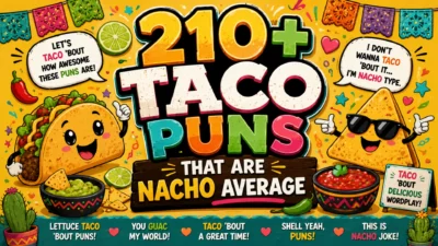 Colorful taco-themed banner featuring a smiling taco, nacho chip, guacamole, salsa, peppers, limes, and bold text for 210+ funny taco puns.