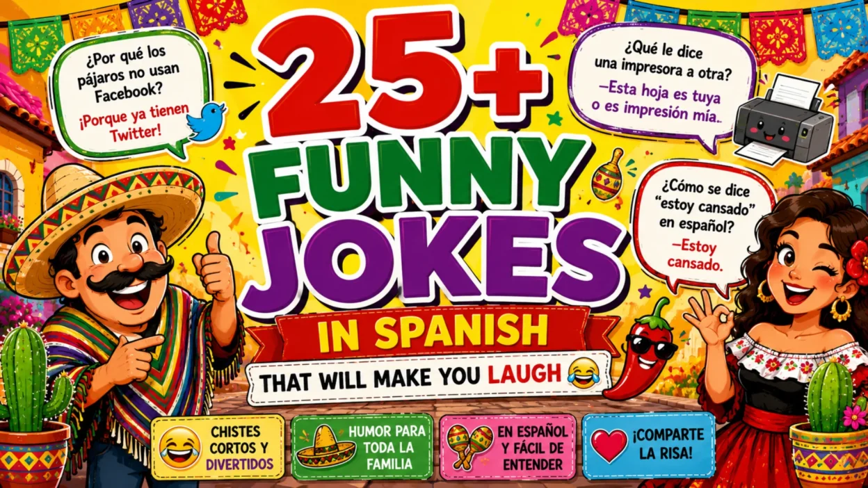 Colorful 1920×1080 banner featuring 25+ funny jokes in Spanish, cheerful cartoon characters, sombreros, maracas, cacti, chili peppers, festive decorations, and playful Spanish speech bubbles.