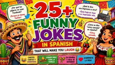 Colorful 1920×1080 banner featuring 25+ funny jokes in Spanish, cheerful cartoon characters, sombreros, maracas, cacti, chili peppers, festive decorations, and playful Spanish speech bubbles.