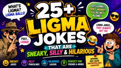 Colorful cartoon comedy graphic featuring 25+ Ligma jokes, playful speech bubbles, funny characters, laughing emojis, and bold humorous typography.