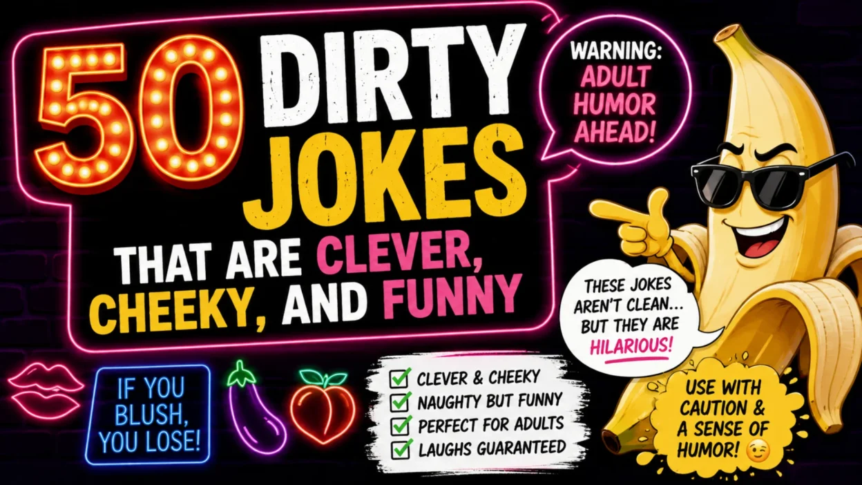 1920×1080 comedy banner featuring 50 cheeky adult jokes with a playful cartoon banana wearing sunglasses, neon comedy graphics, speech bubbles, and bold “50 Dirty Jokes” typography.