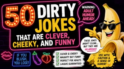 1920×1080 comedy banner featuring 50 cheeky adult jokes with a playful cartoon banana wearing sunglasses, neon comedy graphics, speech bubbles, and bold “50 Dirty Jokes” typography.