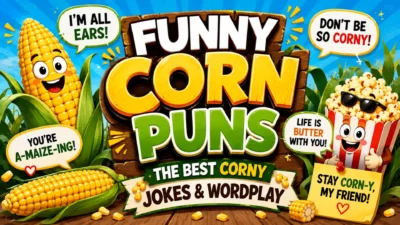 Colorful cartoon corn graphic featuring smiling corn, popcorn, corn puns, funny speech bubbles, and bold typography about corny jokes and wordplay.