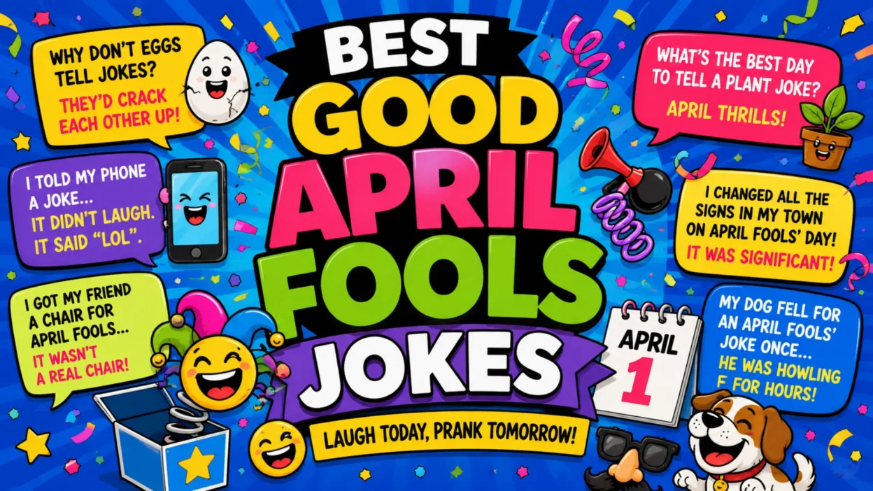 Best good April Fools jokes with colorful prank props, funny speech bubbles, and playful cartoon characters