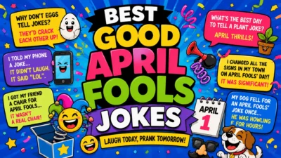 Best good April Fools jokes with colorful prank props, funny speech bubbles, and playful cartoon characters