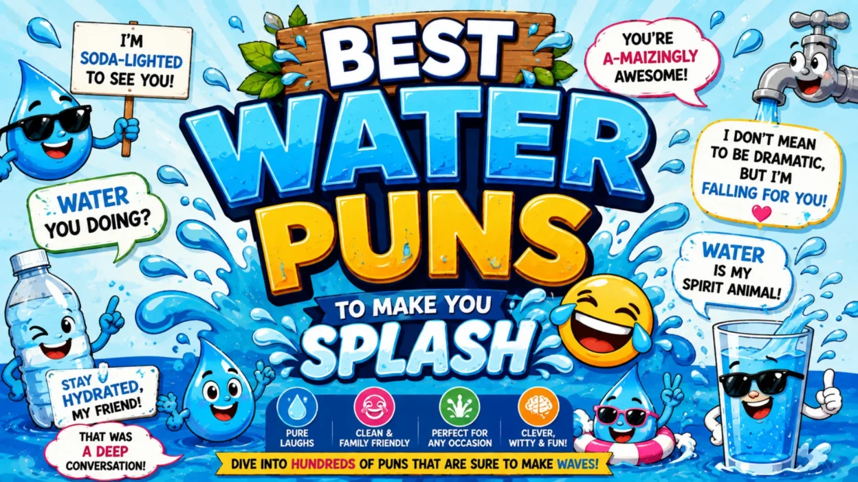 Colorful cartoon water puns graphic featuring smiling water drops, a water bottle, glass, faucet, splashes, bubbles, and funny speech bubbles.