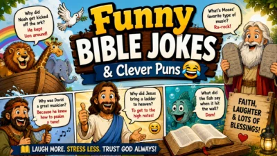 Funny Bible jokes and clever puns featuring Noah, Moses, David, Jesus, an open Bible, and playful cartoon scenes