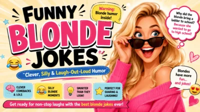 Colorful 1920×1080 comedy banner featuring funny blonde jokes, a cheerful blonde woman wearing sunglasses, laughing emojis, playful speech bubbles, and bold pink-and-black typography.