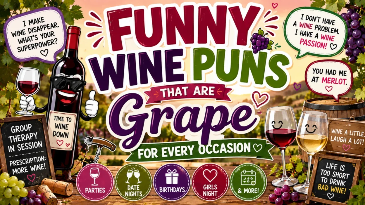 Colorful 1920×1080 banner featuring funny wine puns, cartoon wine bottles and glasses, grapes and vines, vineyard scenery, playful speech bubbles, and occasion-themed icons.