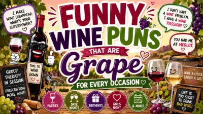 Colorful 1920×1080 banner featuring funny wine puns, cartoon wine bottles and glasses, grapes and vines, vineyard scenery, playful speech bubbles, and occasion-themed icons.