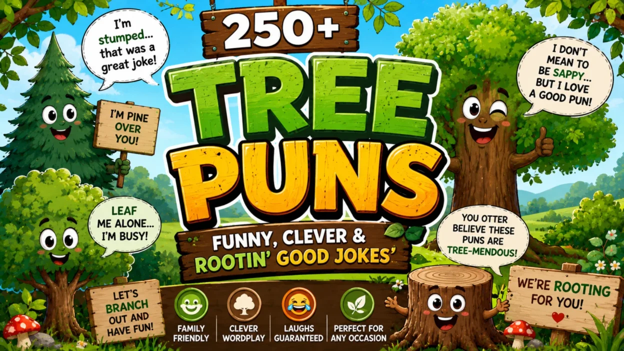 Colorful cartoon tree puns graphic featuring smiling trees, a tree stump, leafy branches, wooden signs, speech bubbles, and funny jokes.